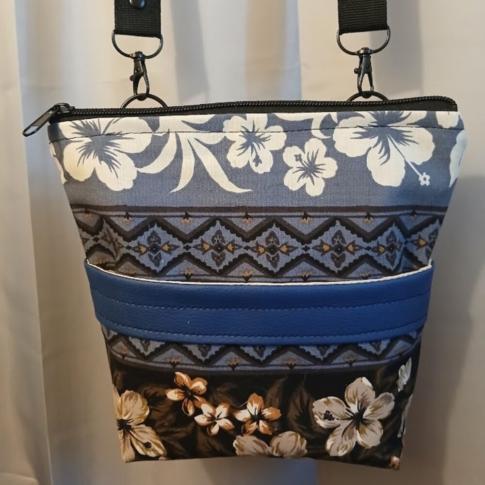 New Travel Sling Crossbody Blue Pebbled Vinyl Hawaiian fabric Brown Black Lotus